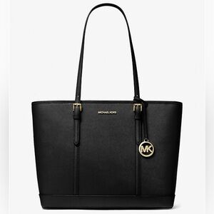 Michael Kors Black Leather Shoulder Tote with Gold Hardware